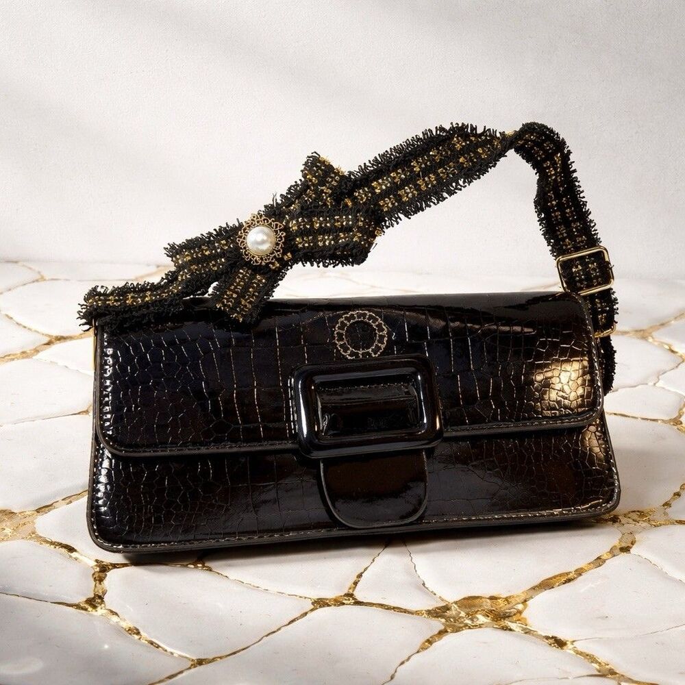Clutch, Handbag French Theme, Vintage Black Patent, Bow, Pearl, Gold Accents